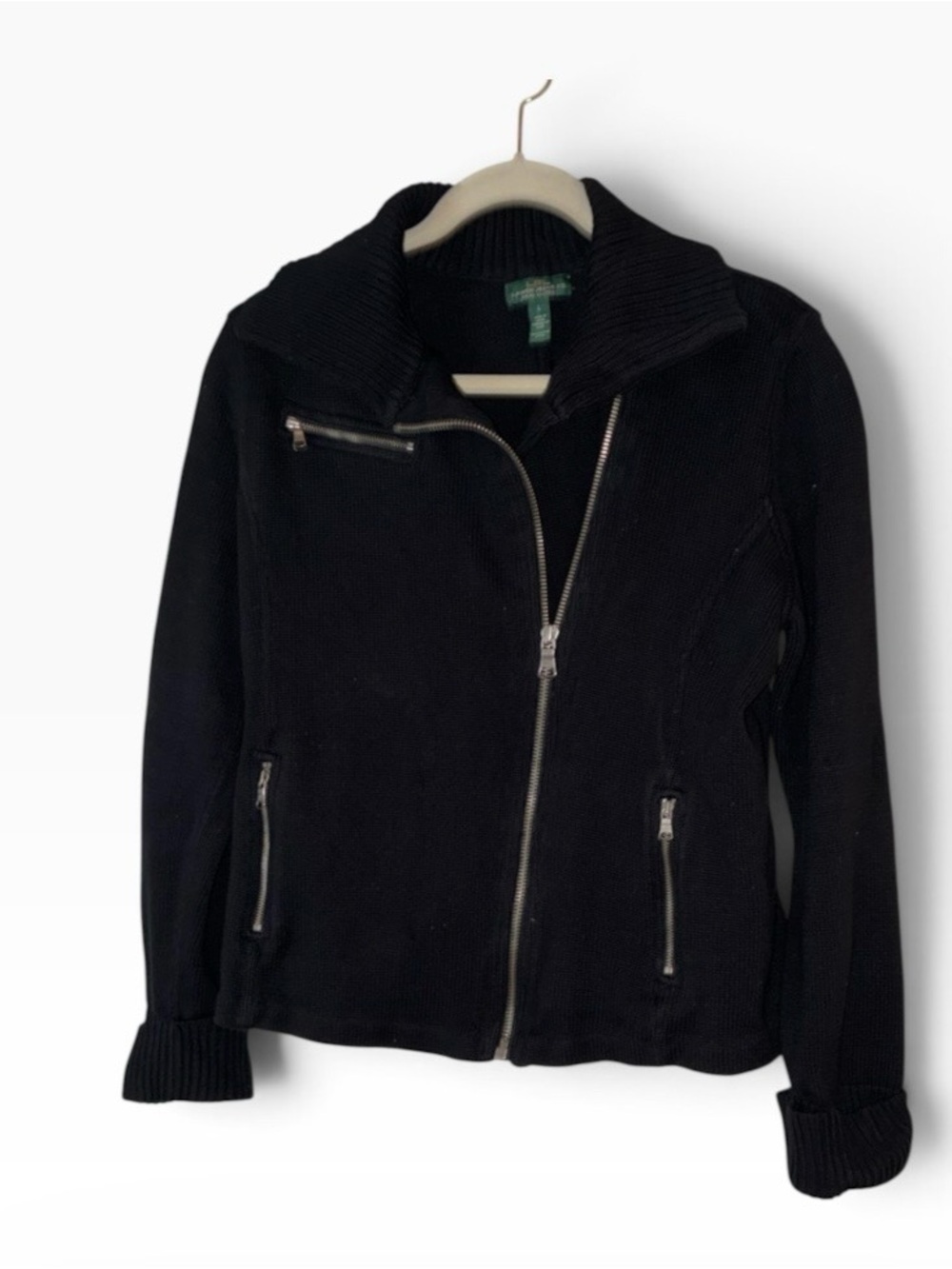 Lauren Ralph Lauren Black Asymmetrical Zip Knit Moto Sweater Jacket Sz L